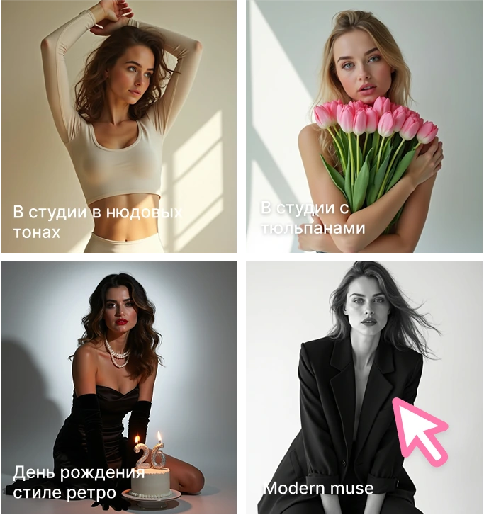 Коллаж из четырёх женских AI-портретов в разных стилях: нюдовая студия, тюльпаны, ретро с тортом и чёрно-белый образ в пиджаке.